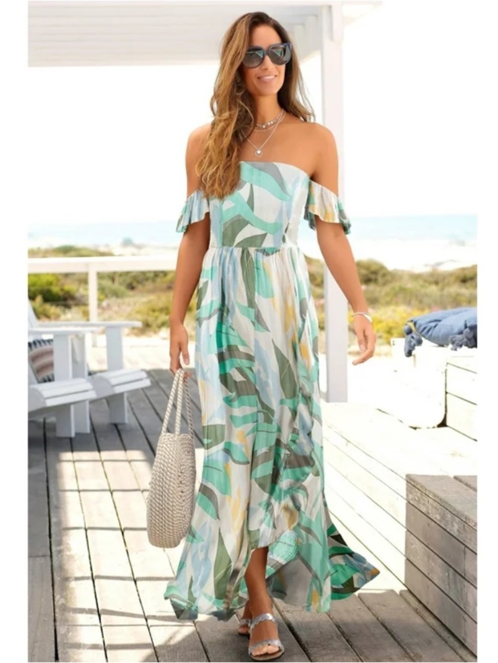 Lascana Off-Shoulder Green Tropical Bohemian Print Maxi Dress Size Large